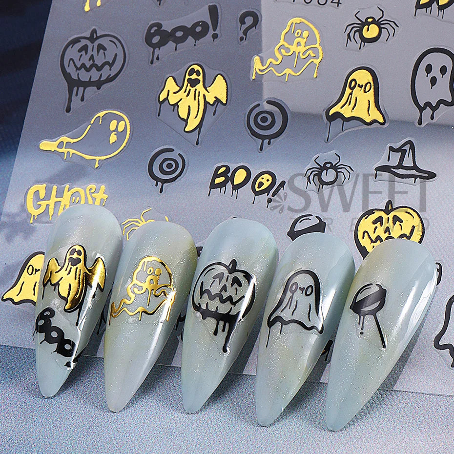 JazzHer 3D Halloween Nail Art Stickers Ghost Pumpkin Spider Web Sliders Scorpion Bat Dripping Blood DIY Winter Nail Decals  Decoration