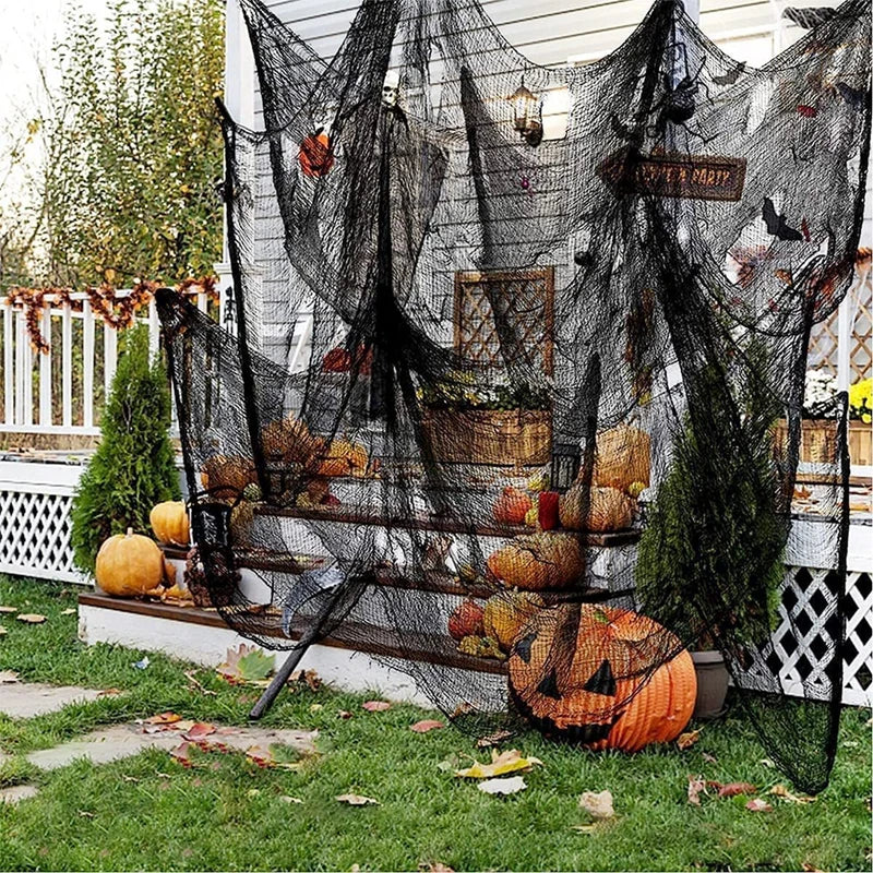 JazzHer Halloween Large Black Grid Yarn Cloth Halloween Party Outdoor Indoor Decorations Gothic Haunted House Horror Props Tablecloth