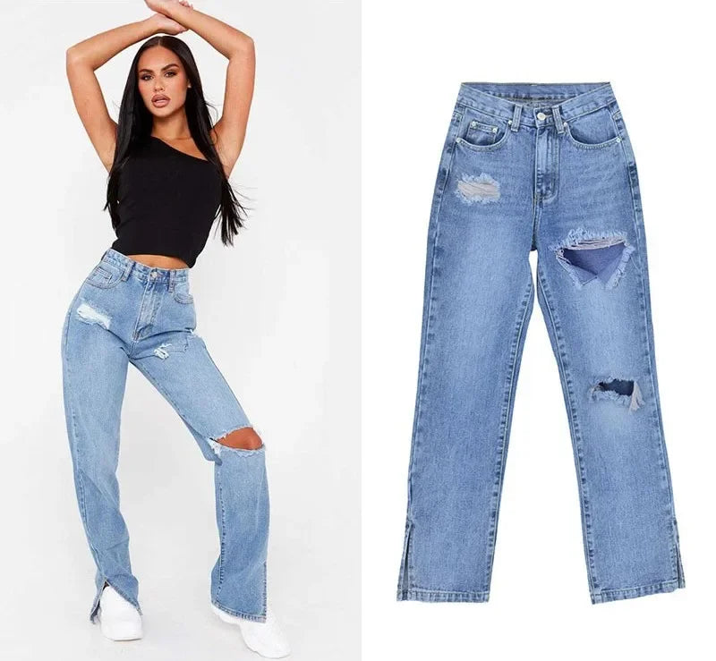 JazzHer Women Hole Jeans Vintage Distressed Straight Pants Streetwear High Waist Pockets Button Zipper Fly Denims Cuffs Trousers 2024