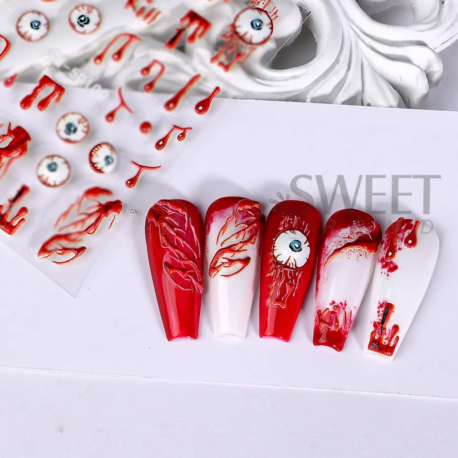 JazzHer 5D Acrylic Nail Sticker Halloween Ghost Skull Blood Drips Lip Design Decal Spider Witch Pumpkin Nail Art DIY Manicure Decoration