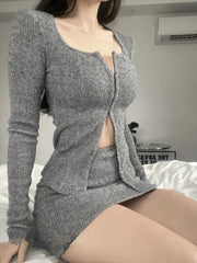 JazzHer 2024 Autumn New Grey Casual Knitted Suits Sexy 2 Piece Skirt Set Woman Elegant Y2k Crop Tops + High Waist Slim Mini Skirt Korean