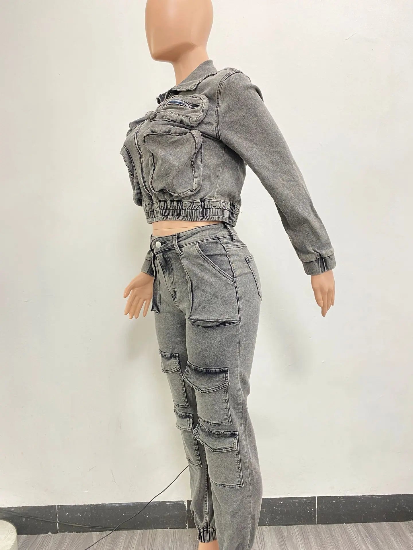 JazzHer Pant Sets Long Sleeve Women Tracksuit Zipper Denim Coat Cargo Ankle Length Pants Pockets High Street Spliced Slim 2024