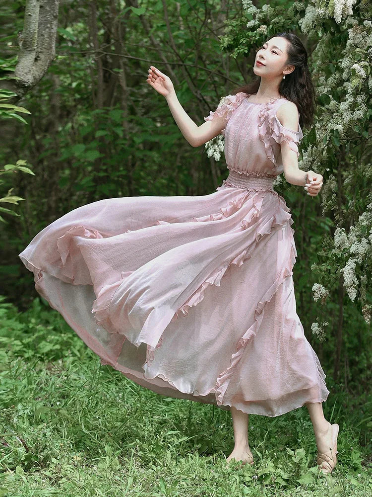 JazzHer 2024 New Fashion Long maxi Summer Chiffon Sleeveless Chiffon Big Hem Boshow Women Ruffles Pink Elastic Waist Dress