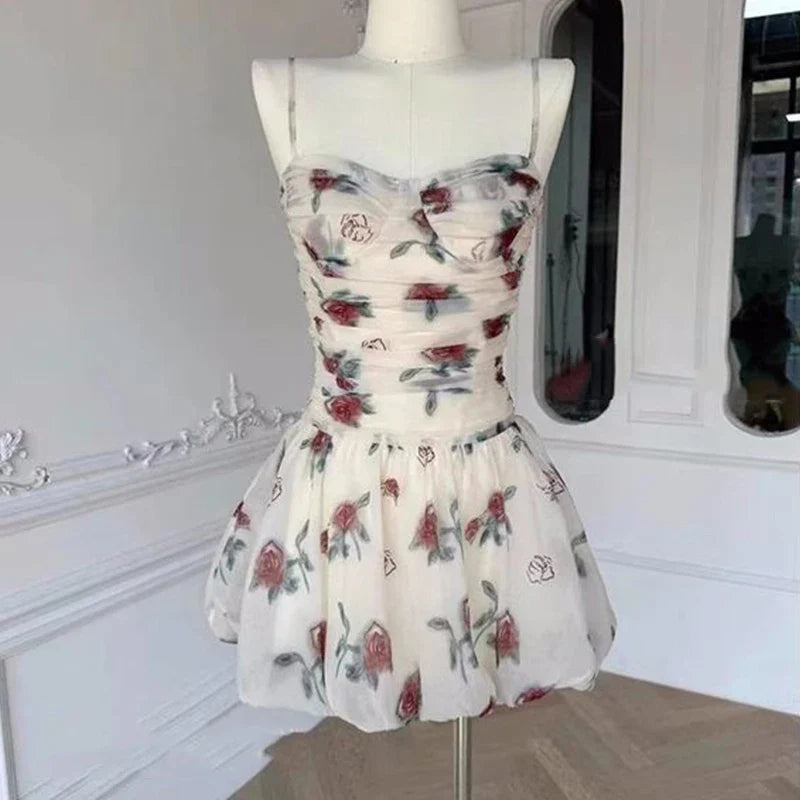 JazzHer Women Summer Floral Suspender Belt Sweet Dress Fashion Tighten The Waist 2024 New Spring Summer Dress Elegant Kawaii Dress