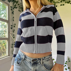 JazzHer 90s Vintage Y2K Aesthetic Striped Cropped Sweater Autumn Zip Up Knitted Cardigans Hooded Women Long Sleeve Slim Fit Coats