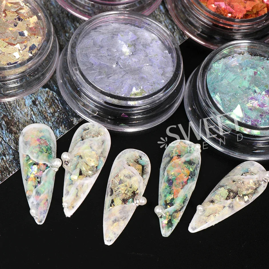 JazzHer Crystal Aurora Nail Glitter Flakes Irregular Mermaid Fire Opal Sequins Spring Iridescent Paillettes Sparkle Manicure Decor LYMH