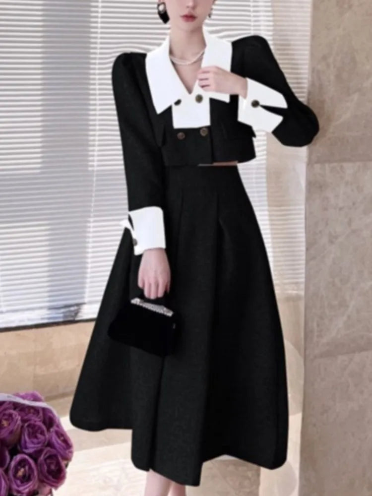 JazzHer 2024 Fall Fashion Women Elegant Double-breasted Color-block Long-sleeve Jacket High Waist Skirt Suit Two-piece Suit