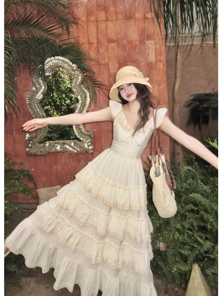 JazzHer Woman French Elegant Midi Dress Even Party Holiday Fairy Cake Dress Casual Beach Pure Color Korean Fashion Dress Slim Design