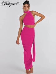 JazzHer Matching Suit Halter Backless Solid Maxi Hip Ruched Skirt Sexy Sleeveless Vestidos Elegant 2024 Clothes Club Y2K Classic