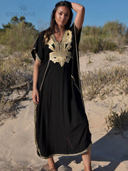 JazzHer 2024 Vintage Embroidery Kaftan Sexy V-Neck Batwing Sleeve High Waist Maxi Dress Tunic Women Clothing Summer Beach Dresses Q660