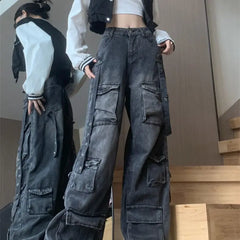 JazzHer New Multi-pocket High Street American Tooling Wide-leg Jeans Female Y2K Street Punk Style Loose Street Brand Washing Old Pants