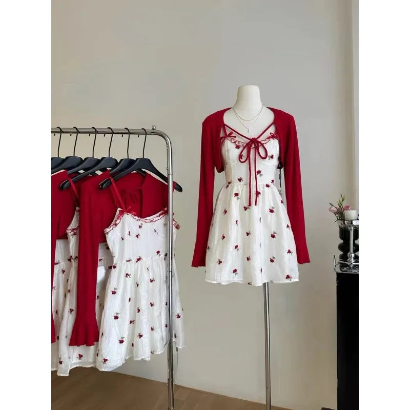 JazzHer Summer Sweet Fashion 2 Piece Dress Set Woman Red Knitted Short Cardigan + Print Sleeveless Y2k Mini Dress Korean Style Suit