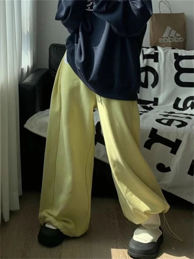 JazzHer-Y2K Yellow Fleece-lined Sweatpants Women Korean Fashion Winter Pink Brushed Pants Oversized Harajuku Gray Jogger Trousers