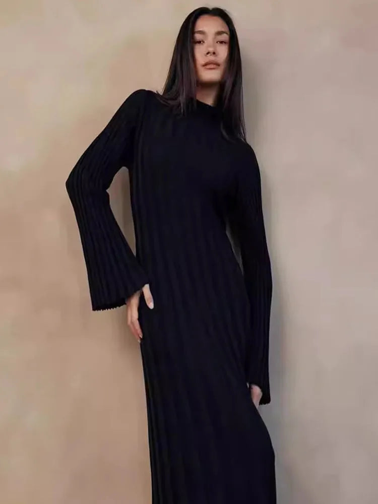 JazzHer Fall Winter New Knitted Dress Female Casual Big Striped High Collar Sweater Long Dress Elegant Flare Sleeve Party Dresses