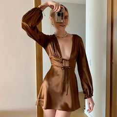 JazzHer Chic Women Sexy Front Tie Up Long Sleeve Mini Dress Y2K Vintage Elegant Lady Satin A-line Dress Birthday Party Night Streetwear