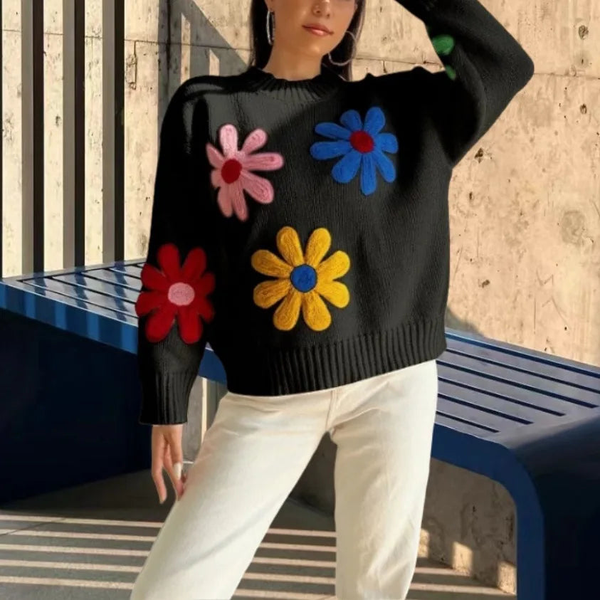 Black Friday JazzHer Crochet Flower Pullover Knitted Sweater Women's Fashion Loose Lantern Long Sleeve Embroidery Knit Top Streetwear Fashion