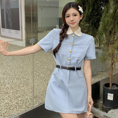 JazzHer-Casual Dresses for Women 2024 Doll Collar Short Sleeve Fashion New Summer Women's Clothes Chic Elegant Female Midi Dress