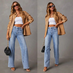 JazzHer Women Jeans Ankle Length Wide Leg Pants Denim Washing Spliced Pockets Loose Fit Solid High Street 2024 Summer Zipper Fly