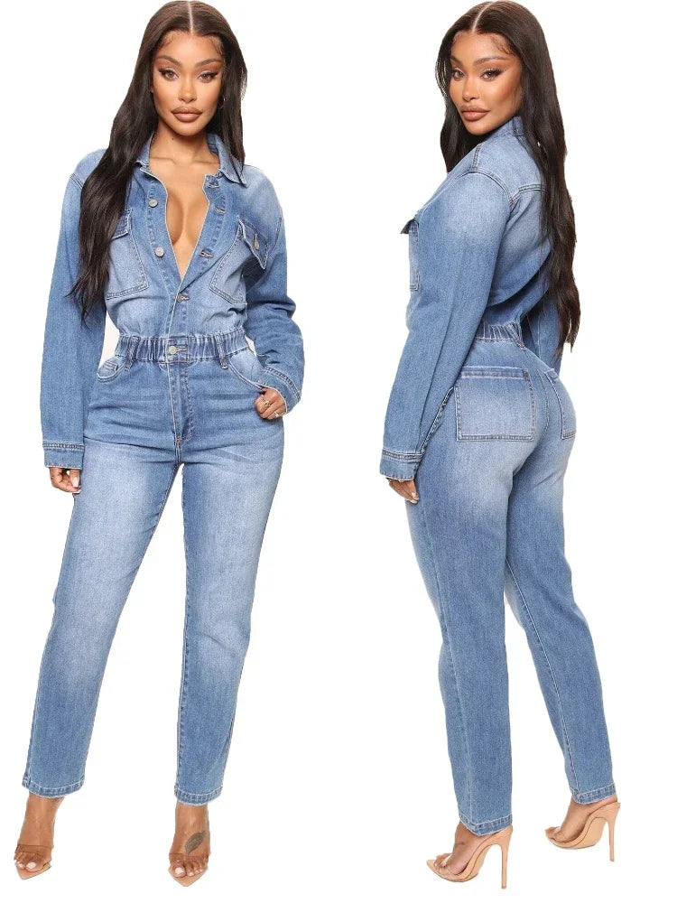 JazzHer Women Jeans Jumpsuits Single Breasted Solid Denim Washing Overalls Pockets High Street Button Pencil Pants Ankle Length