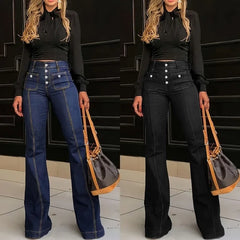 JazzHer Women Jeans Flare Pants High Waist Streetwear Pockets Buttons Trousers 2024 Autumn Female Casual Stretch Denim Floor Length