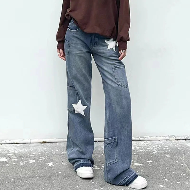 JazzHer Vintage Washed Jeans Women Straight Pants Pentagra Printing High Waist Pockets Full Length Trousers Female Denims Streetwear