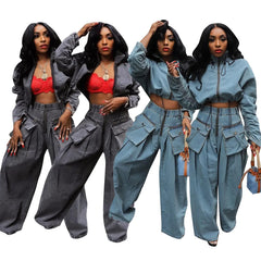 JazzHer Denim Jacket Two Piece Sets Women 2024 Autumn Streetwear Ensemble Turtleneck Coat Pockets Wide Leg Pants Suit Casual Outfits