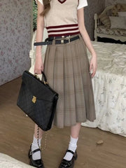 JazzHer- Vintage Long Plaid Skirt Women High Waist A-line Korean Fashion Preppy Midi Pleated Skirt Autumn Winter School Uniform