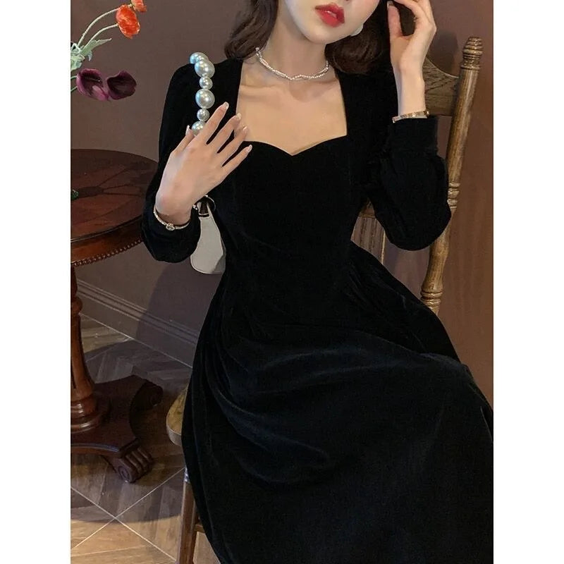 JazzHer Dress Women Autumn Long Dresses Solid Tight Waist Full Sleeve Square Collar Splice Pockets Vestidos Elegant Temperament A Line