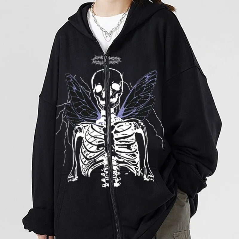 JazzHer Y2K Aesthetic Zip Up Sweatshirts E-girl Gothic Grunge Emo Skeletons Wings Print Oversized Hoodies Autumn Long Sleeve Coat Top