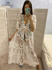 JazzHer 2024 Sexy See Through White Lace Tunic Plus Size Women Beachwear Long Kimono Cardigan Front Open Maxi Dress Q959