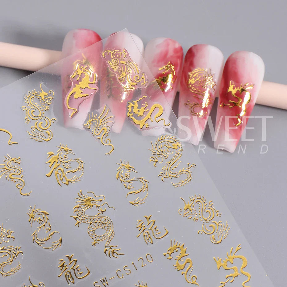 JazzHer 3D Bronzing Laser Silver Dragon Nail Sticker Gold Letter Dragon Design Holographic New Year DIY Manicure Decals Nail Decorations