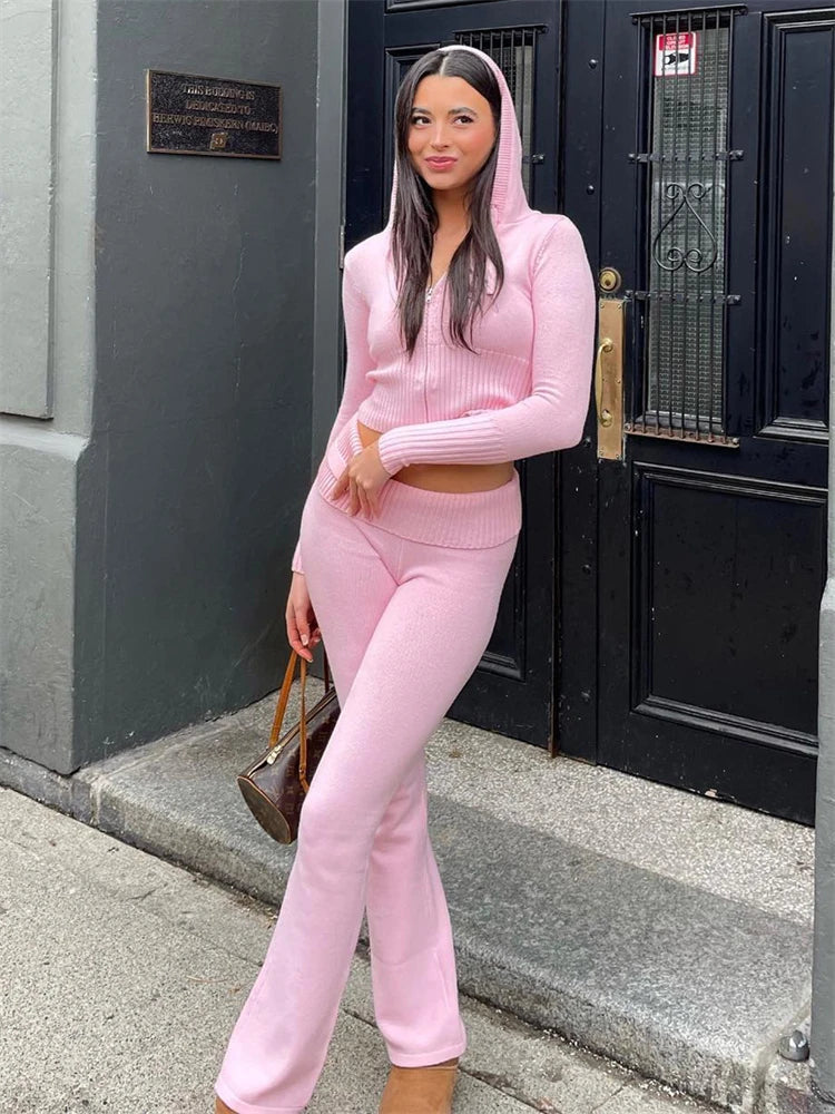 JazzHer 2024 Fall Fashion Women Spring Outfits Casual Zipper Sweater Hoodie Set High Waist Flare Pants Suits Pink Knitted Womens Y2k Two Piece Set