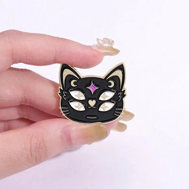 JazzHer 5pcs Magic Cat Metal Badge Alloy Halloween Brooch Purple Hat Potion Witch Black Cat Animal Cute