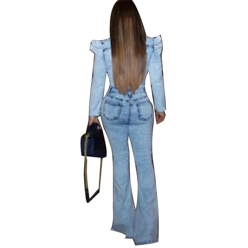 JazzHer Full Length Overalls Women Jeans Bleached Washed Denim Mid Waist Jumpsuits Single Breasted Sashes Spliced Vintage Casual