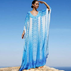 JazzHer Blue Kaftan Beach Cotton Cover Up 2024 Summer Women Beachwear Cotton Tunic Oversize Bikini Cover-Ups Robe De Plage Sarong Q774