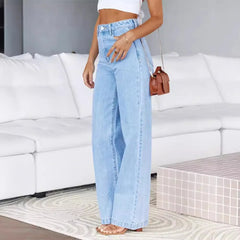 JazzHer Women Jeans Straight Pants Denim Washing High Waist Loose Fit Pockets Button Basics Wide Leg Trousers Solid Color 2024 Casual