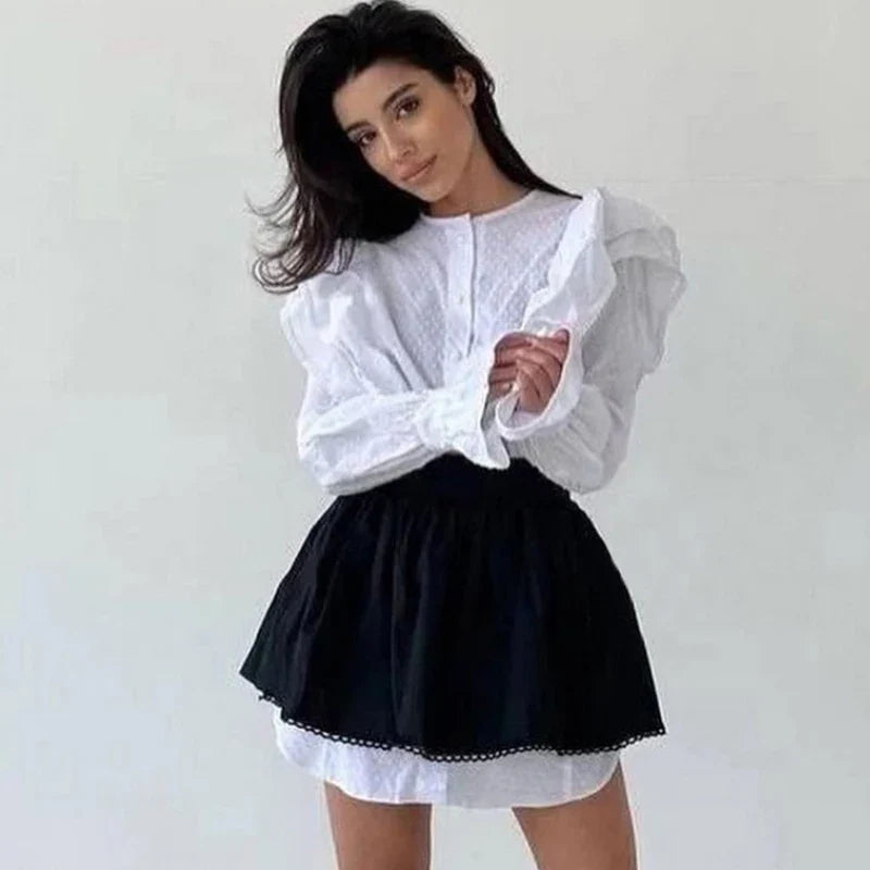 Black Friday JazzHer Ruffled Flare Sleeve Shirt Dress For Women With High Waisted Shorts Contrast Color Patchwork Mini Party Dress Autumn New