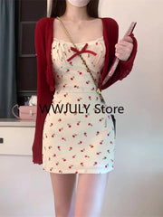 JazzHer Sweet 2 Piece Dress Set Woman Red Long Sleeve Cardigan + Strap Floral Y2k Mini Dress Party Korean Fashion Suit 2024 Autumn Chic