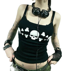 JazzHer Y2K Cyber Edgy Techno Tank Vest E girl Gothic Skull Print Black Camisole Vintage Dark Academia Grunge Sleeveless Crop Tops Women