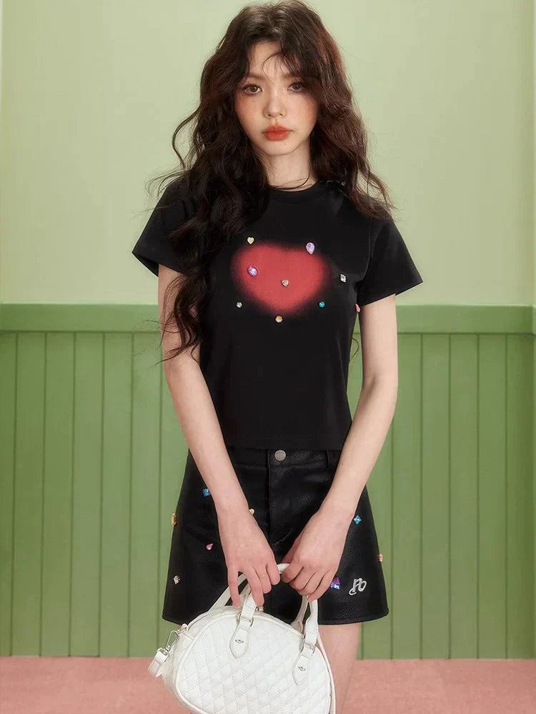 JazzHer- Y2K Graphic T Shirts Women Harajuku Streetwear Sexy Slim Tee Retro Gradient Diamond Crop Top Kawaii Spring Summer