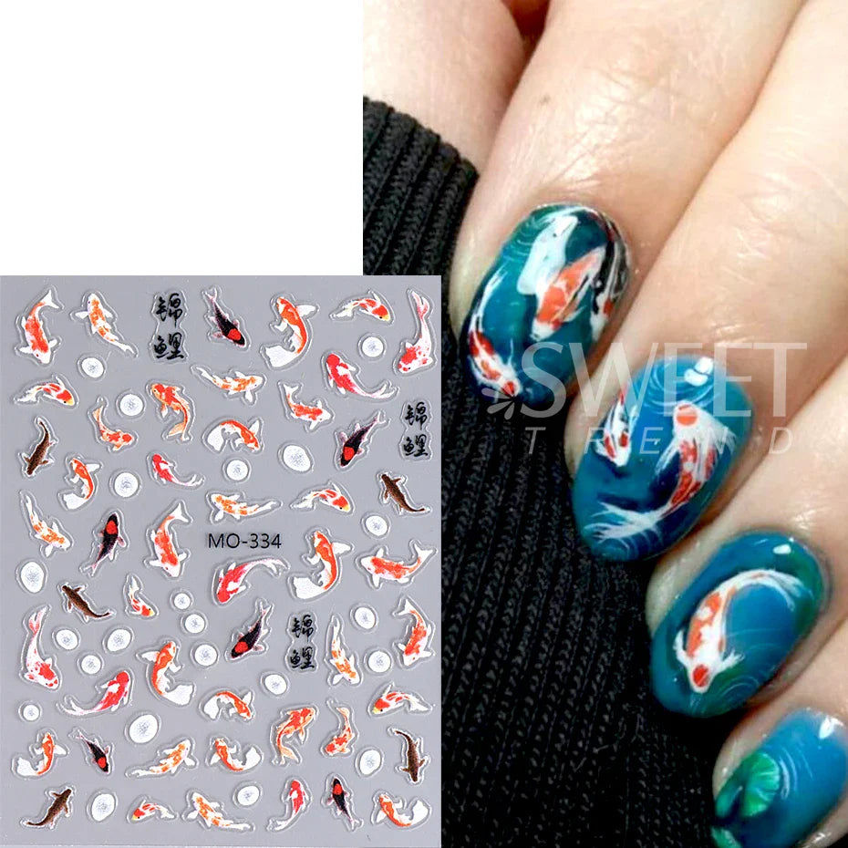 JazzHer 5D Lucky Koi Carp Summer Goldfish Nail Art Sticker Ocean Beach Mermaid Sea Lotus Chinese Style Adhesive DIY Manicure Foils Decal