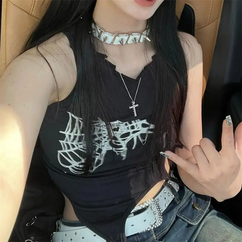 JazzHer-Summer Spider Web Print Tank Tops Aesthetic Hollow Out Bandage Punk Vest Irregular Women Causal Basic Y2k Streetwear Crop Top