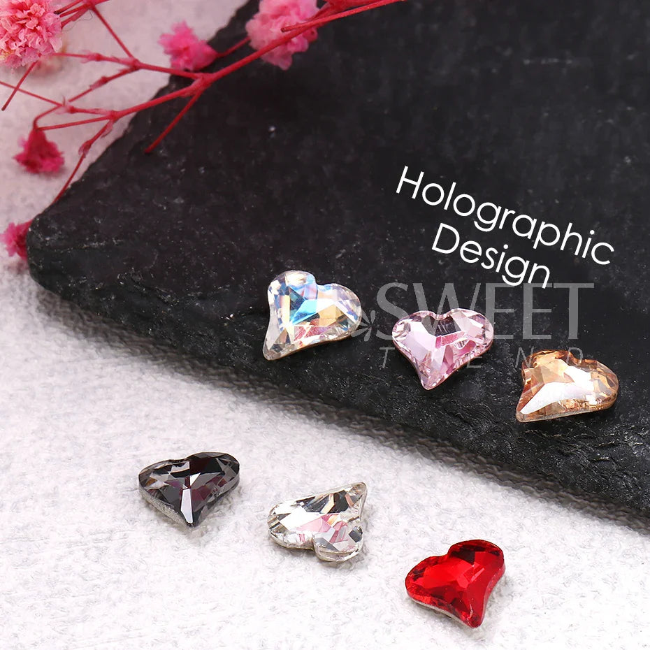 JazzHer Crystal Crooked Love Nail Art Decoration Parts 3D Peach Hearts Rhinestones Gems Design DIY Charm Kawaii Accessory Jewelry Strass