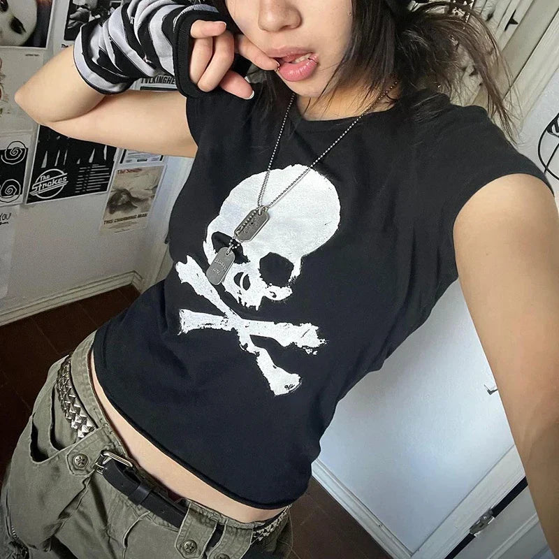 JazzHer Skeleton Print Black Crop Top 90s Vintage Harajuku Grunge Summer T-shirt Dark Academia Emo Alt Tees Women Streetwear