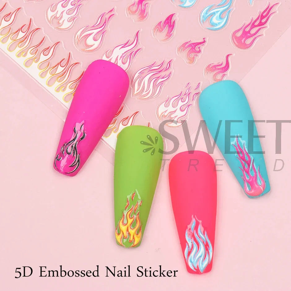 JazzHer 5D Winter Fire Flame Nail Textured Sticker Acrylic Gradient Design Torch Engraved Adhesive Slider Manicure Decor Decal LY5D-K117