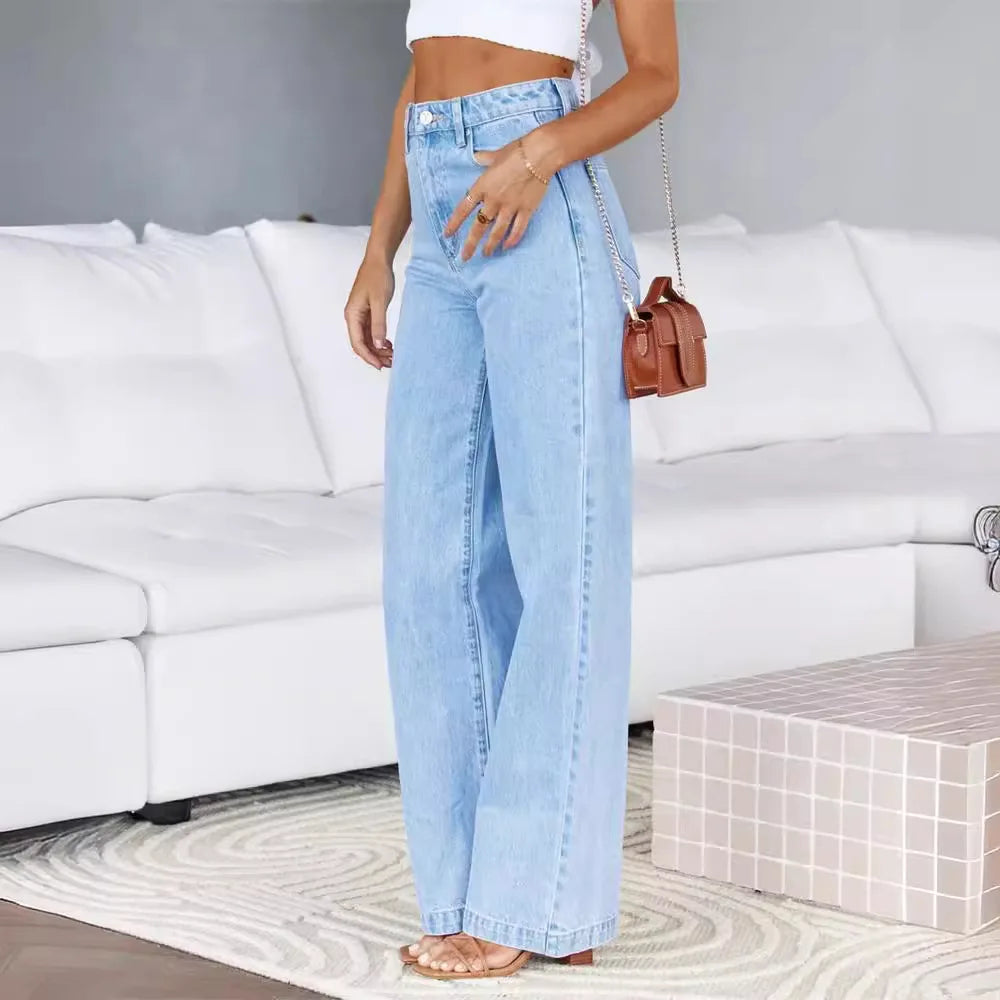 JazzHer Denim Women Jeans Straight Pants Washing High Waist Loose Fit Pockets Button Basics Solid Color Denims Casual Wide Leg Trousers