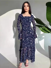 JazzHer Eid Chiffon Party Dress Women Muslim Floral Print Jalabiya Ramadan Morocco Dresses Dubai Abaya Kaftan Vestidos Arab Long Robe