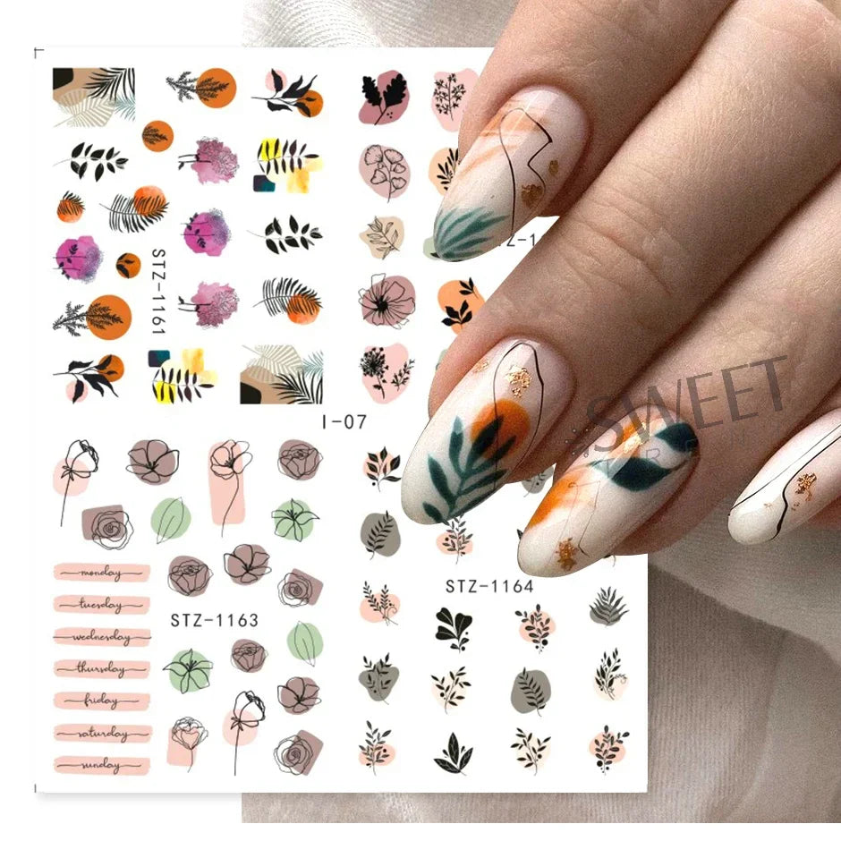 JazzHer 4 In 1 Watercolor Flowers Leaf Charms Nail Stickers Simple Floral Abstract Design Sliders Foils Spring Manicure Watermark Tattoo