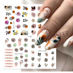 JazzHer 4 In 1 Watercolor Flowers Leaf Charms Nail Stickers Simple Floral Abstract Design Sliders Foils Spring Manicure Watermark Tattoo