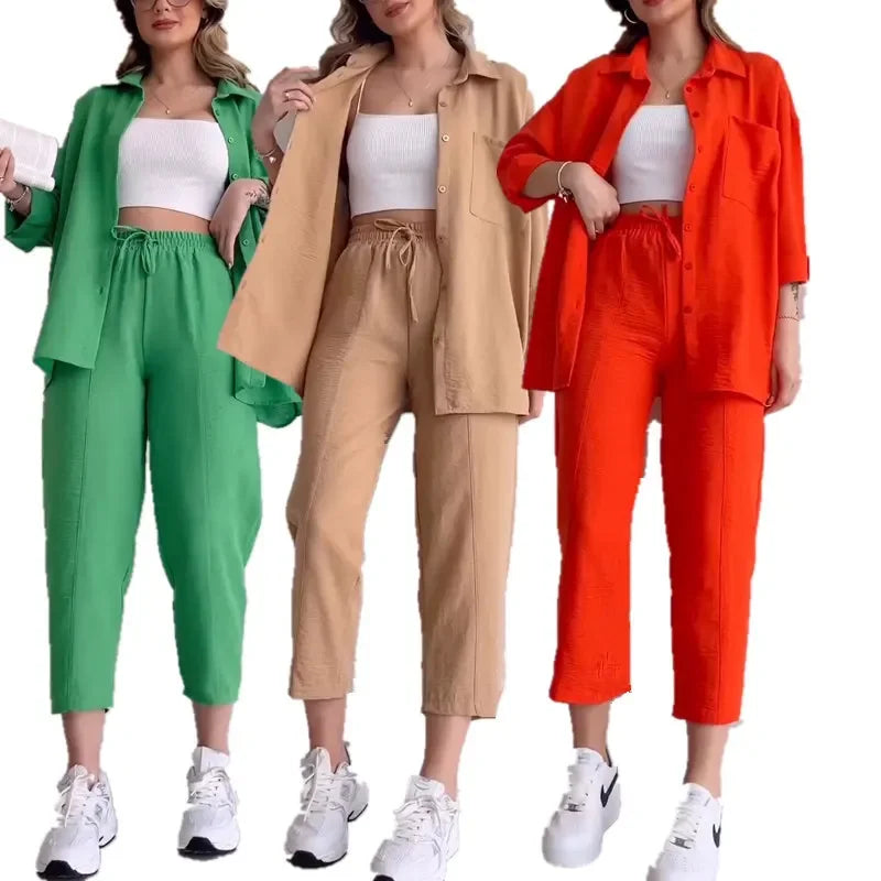 JazzHer Pant Sets Women Solid Two Pieces Set Long Sleeve Cropped Button Shirt Loose Wide Leg Trouser Work Sporty Suits Y2k Streetwear